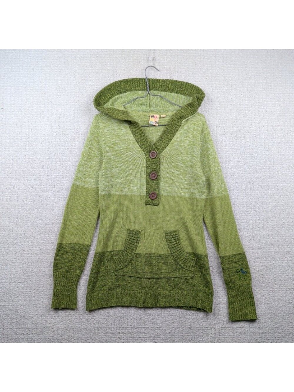 Y2K Roxy Knit Button Henley Hoodie Sweater Womans Sz M Surfer Grunge Boho Green